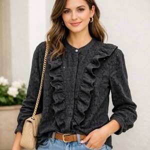 Madewell Black Eyelet Ruffle Blouse Cottagecore Romantic Top S